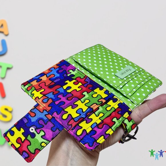 Handmade Autism Puzzle Fabric Card Wallet with Keyring - Picture 3 of 6
